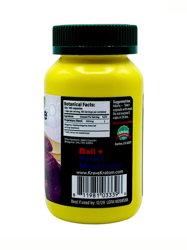 Bali-Reishi-Mushroom-Krave-Botanicals-Kratom-Capsules-100ctv-Back.webp Bali + Reishi Mushroom Krave Botanicals Kratom Capsules 100ct
