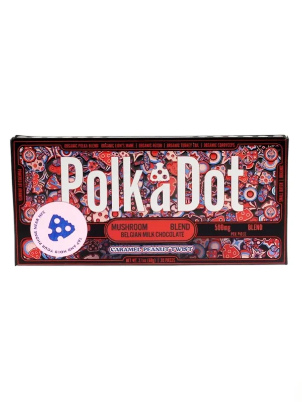 Caramel-Peanut-Twist-PolkaDot-Shroom-Belgian-Milk-Chocolate.webp Caramel Peanut Twist PolkaDot Mushroom Belgian Milk Chocolate 500MG