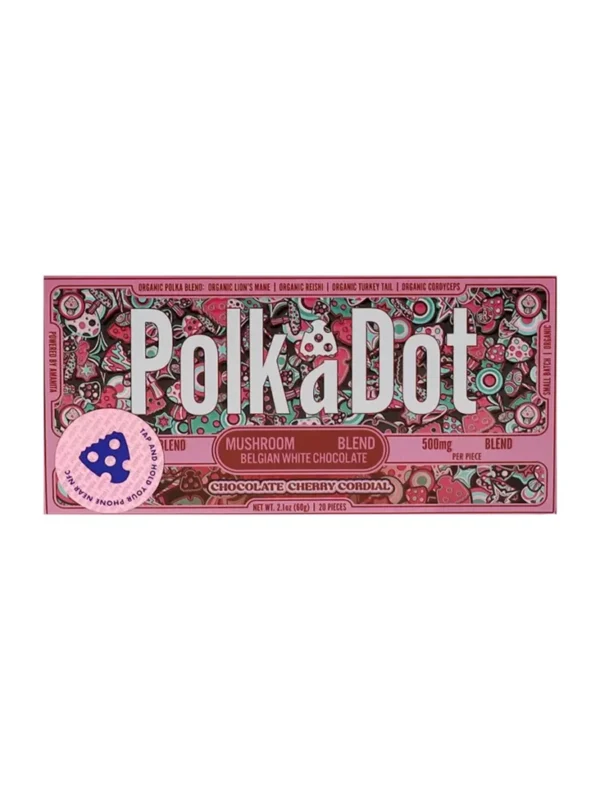 Chocolate-Cherry-Cordial-PolkaDot-Shroom-Belgian-White-Chocolate.webp Chocolate Cherry Cordial PolkaDot Mushroom Belgian White Chocolate 500mg