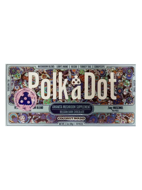 Coconut-Bound-PolkaDot-Shroom-Belgian-Dark-Chocolate-1.webp Coconut Bound PolkaDot Mushroom Belgian Dark Chocolate 500mg