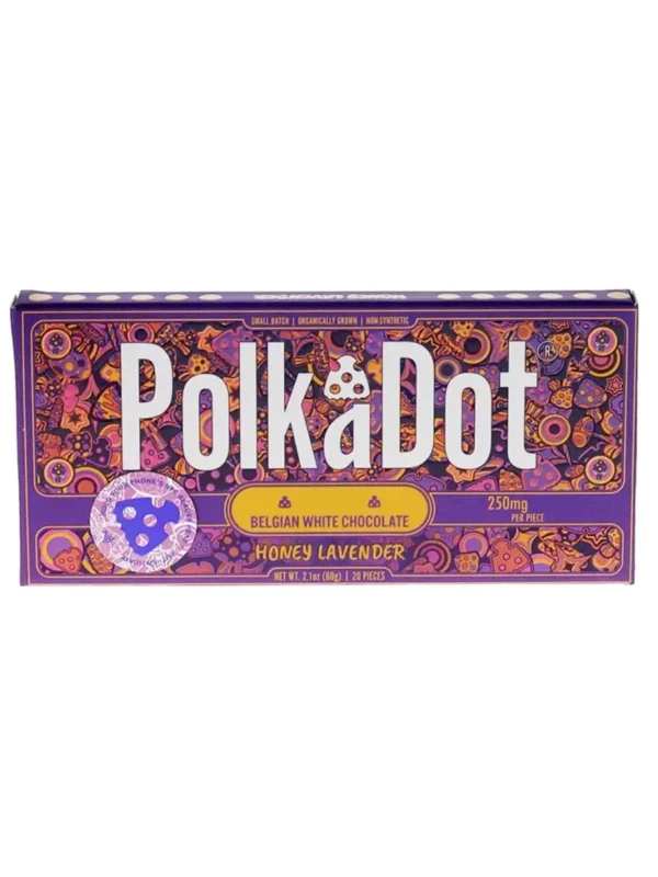 Honey-Lavender-PolkaDot-Shroom-Belgian-White-Chocolate.webp Honey Lavender PolkaDot Mushroom Belgian White Chocolate 250mg