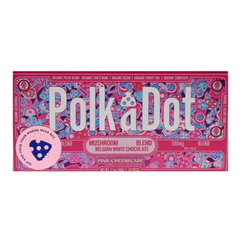 Pink-Cheesecake-PolkaDot-Shroom-Belgian-White-Chocolate.webp Pink Cheesecake PolkaDot Mushroom Belgian White Chocolate 500mg