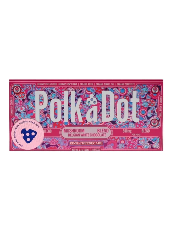Pink-Cheesecake-PolkaDot-Shroom-Belgian-White-Chocolate.webp Pink Cheesecake PolkaDot Mushroom Belgian White Chocolate 500mg