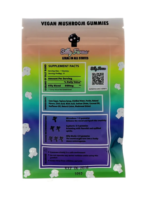 Skittleburst-Silly-Farms-Vegan-Mushroom-Gummies-4000MG-Back.webp Skittleburst Silly Farms Vegan Mushroom Gummies 4000MG